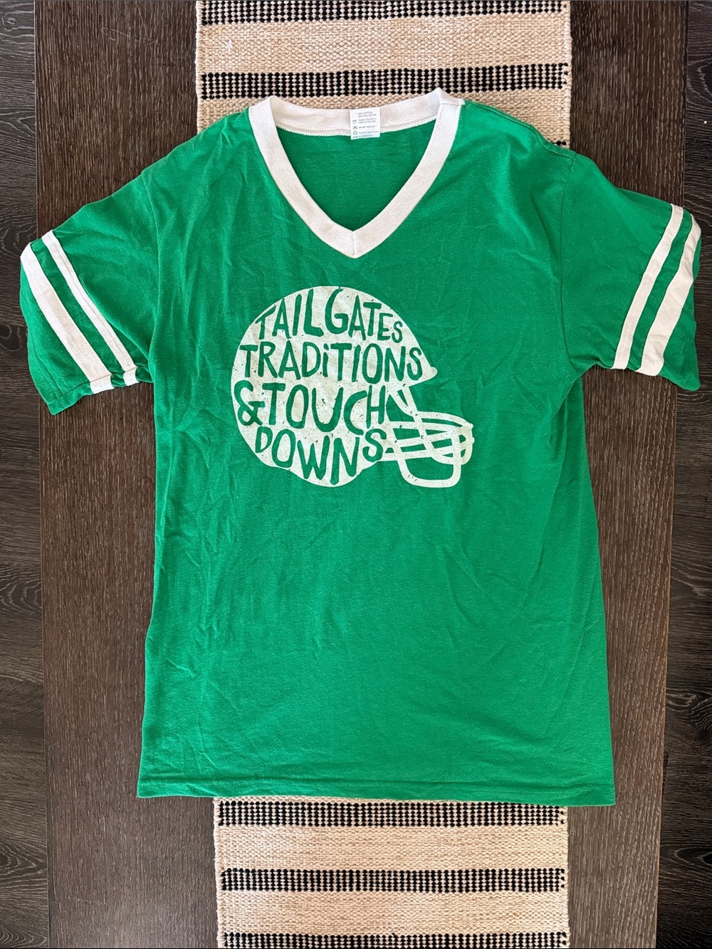 Women’s Green V-Neck Football Graphic Tee with White Trim and Stripes